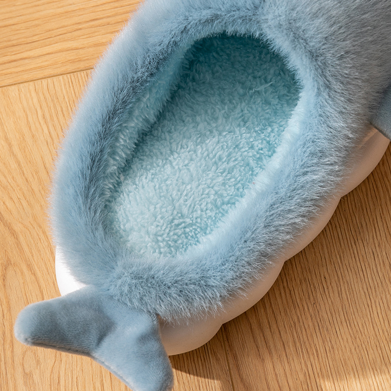 Warm Smiling Light Blue Shark Fluffy Slippers