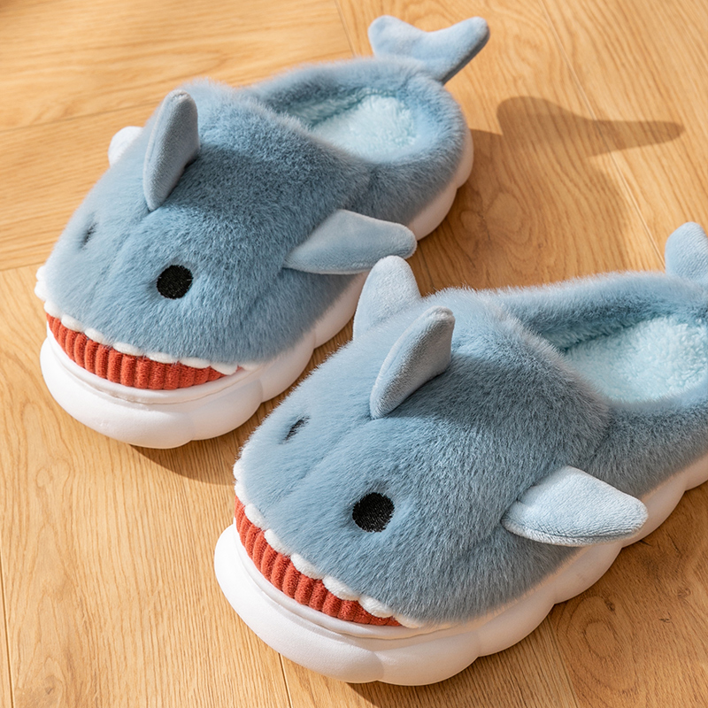 Warm Smiling Light Blue Shark Fluffy Slippers