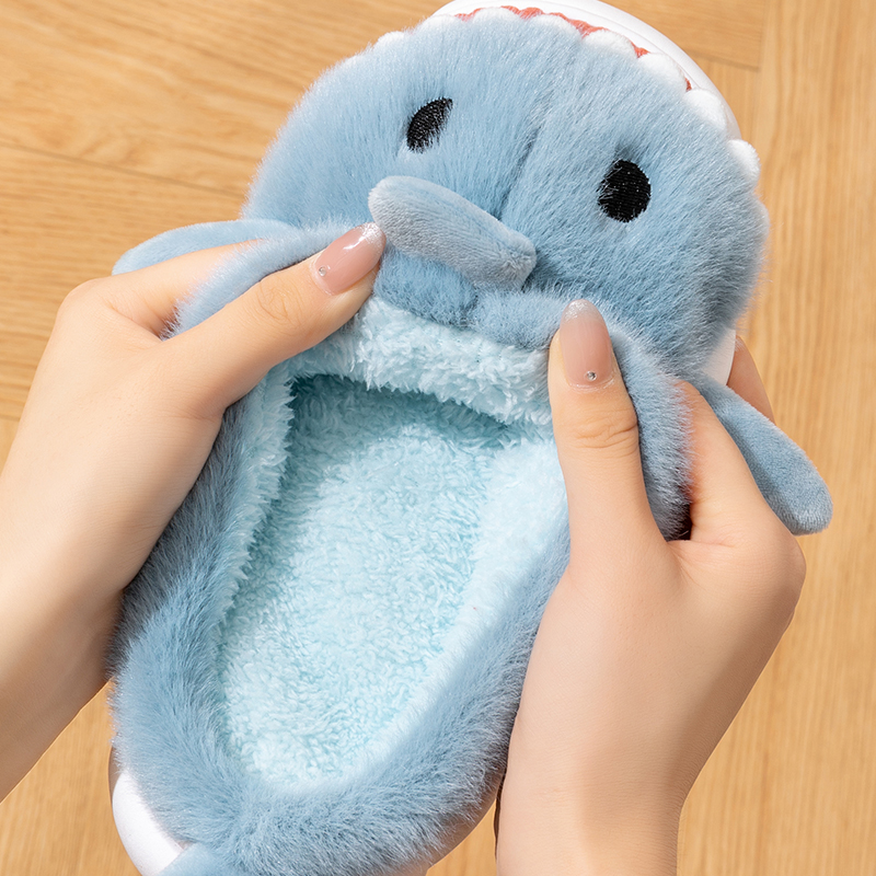 Warm Smiling Light Blue Shark Fluffy Slippers