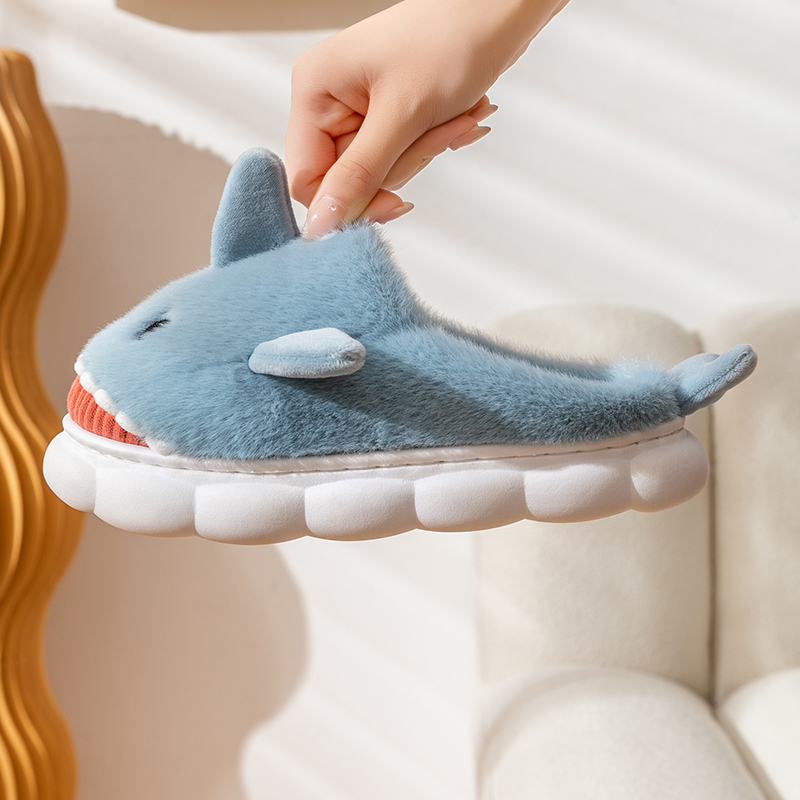Warm Smiling Light Blue Shark Fluffy Slippers