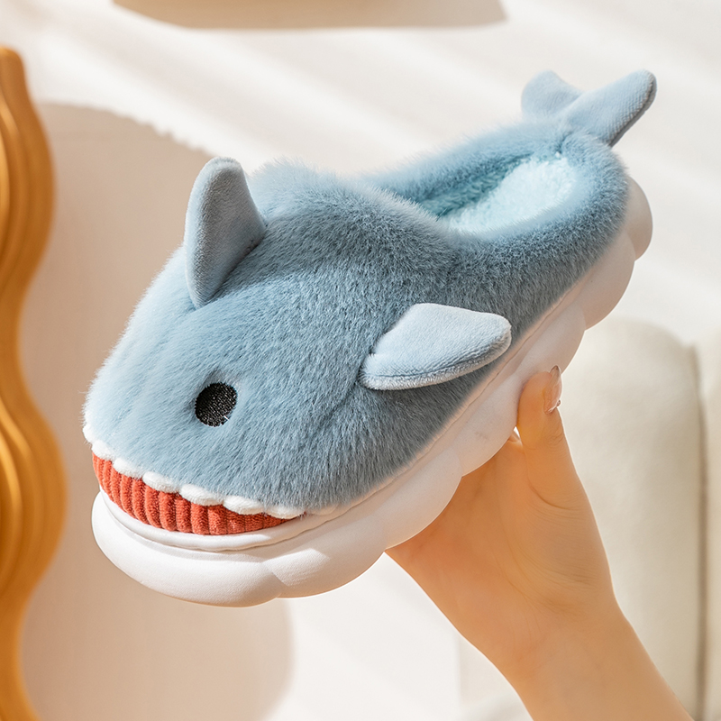 Warm Smiling Light Blue Shark Fluffy Slippers