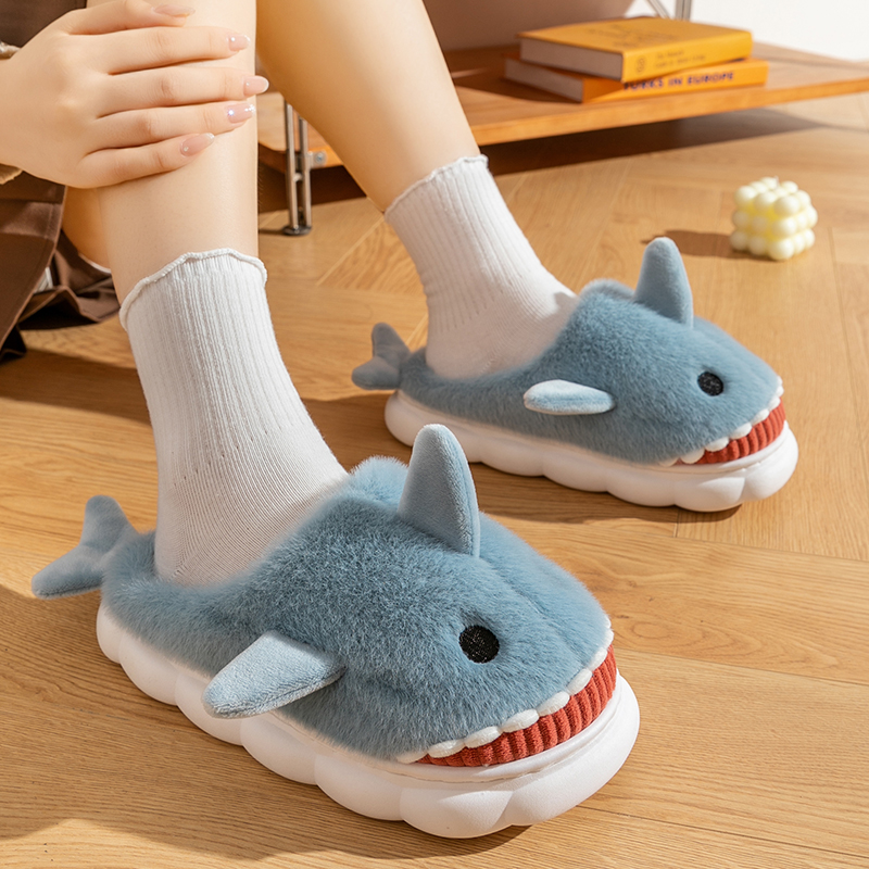 Warm Smiling Light Blue Shark Fluffy Slippers