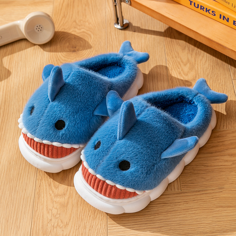 Warm Smiling Blue Shark Fluffy Slippers