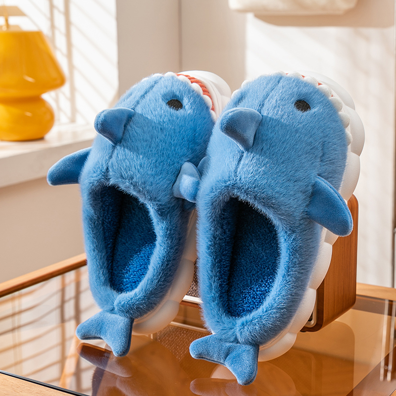 Warm Smiling Blue Shark Fluffy Slippers