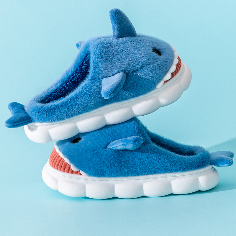 Warm Smiling Blue Shark Fluffy Slippers