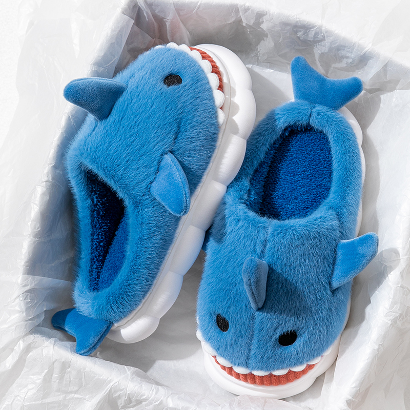 Warm Smiling Blue Shark Fluffy Slippers
