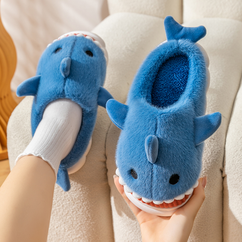 Warm Smiling Blue Shark Fluffy Slippers