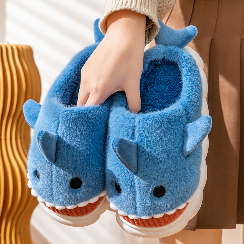 Warm Smiling Blue Shark Fluffy Slippers