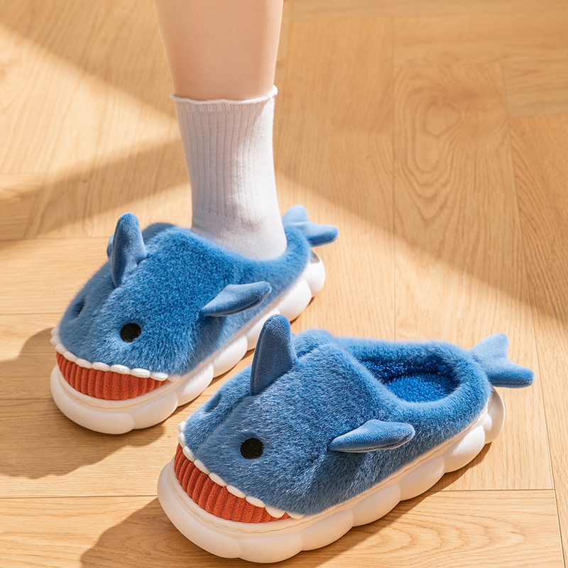Warm Smiling Blue Shark Fluffy Slippers