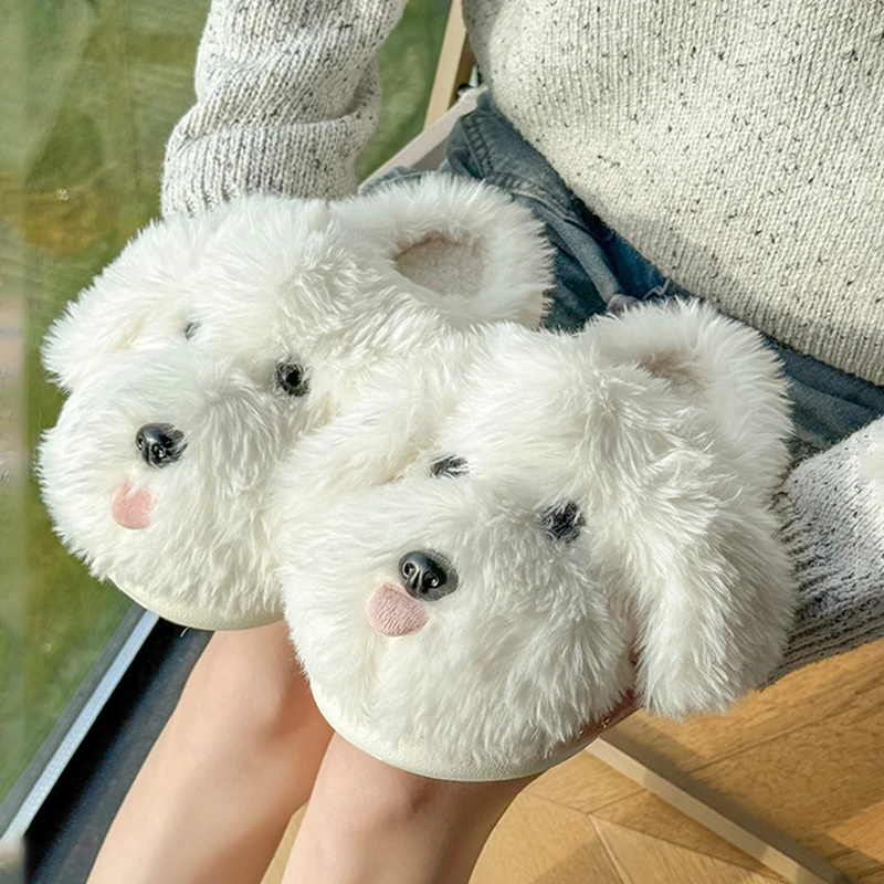 Warm White Dog Fluffy Slippers