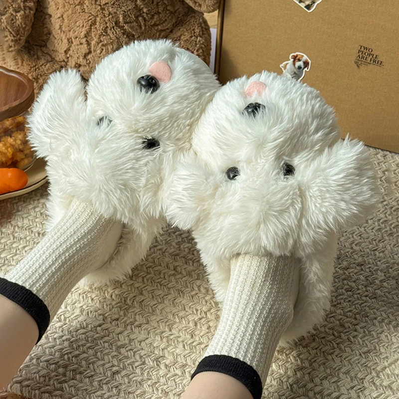 Warm White Dog Fluffy Slippers