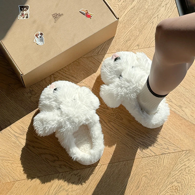 Warm White Dog Fluffy Slippers
