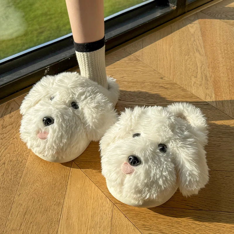 Warm White Dog Fluffy Slippers