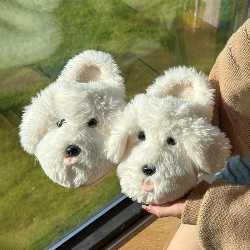 Warm White Dog Fluffy Slippers
