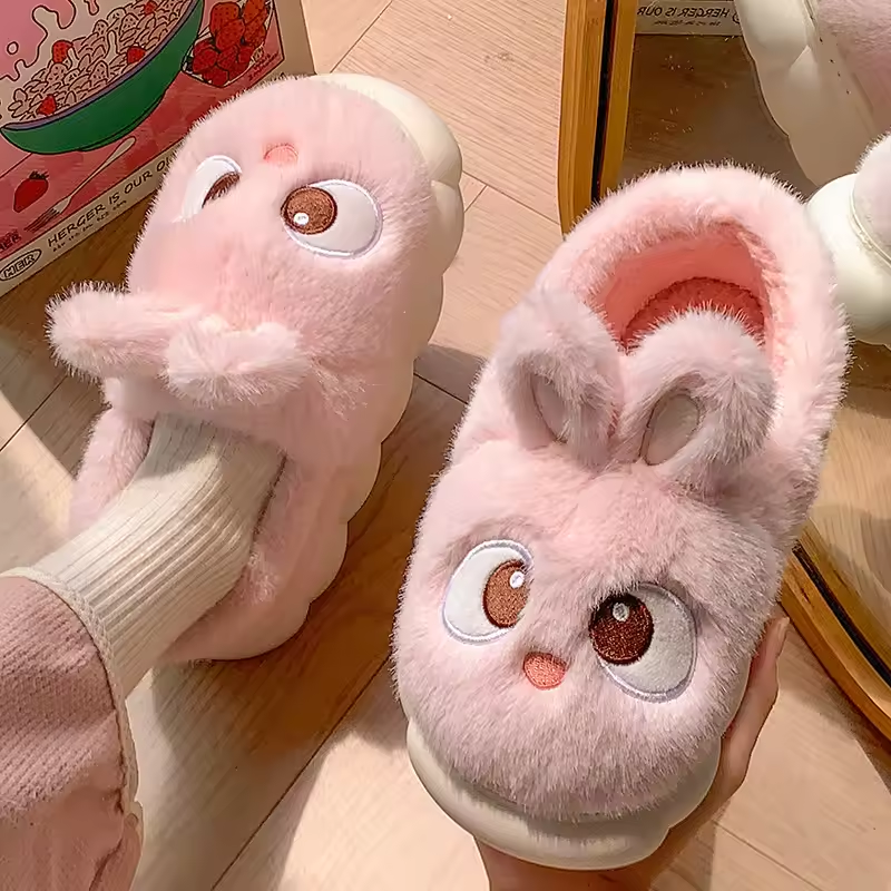 Warm Pink Kawaii Bunny Fluffy Slippers