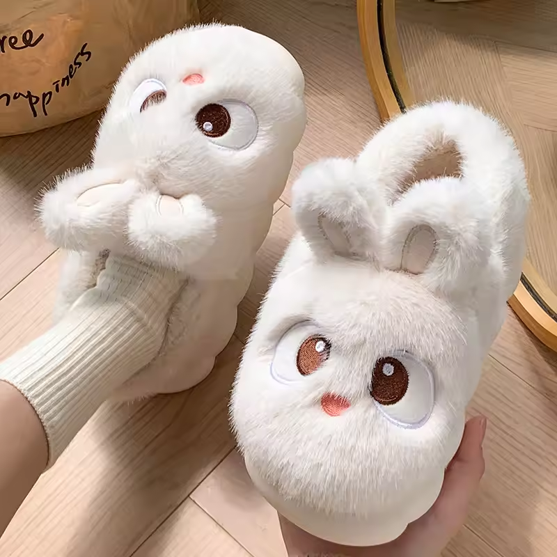 Warm White Kawaii Bunny Fluffy Slippers