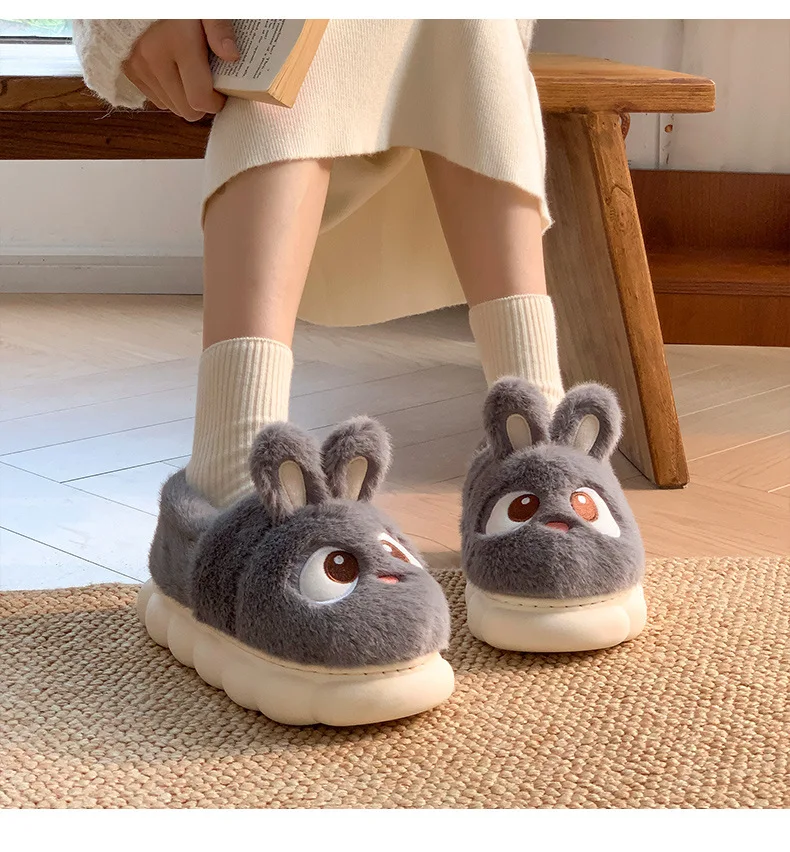Warm Grey Kawaii Bunny Fluffy Slippers
