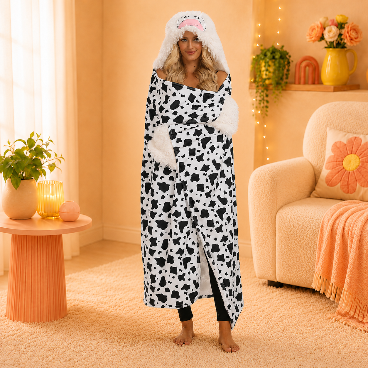 Cow Plush Hooded Blanket