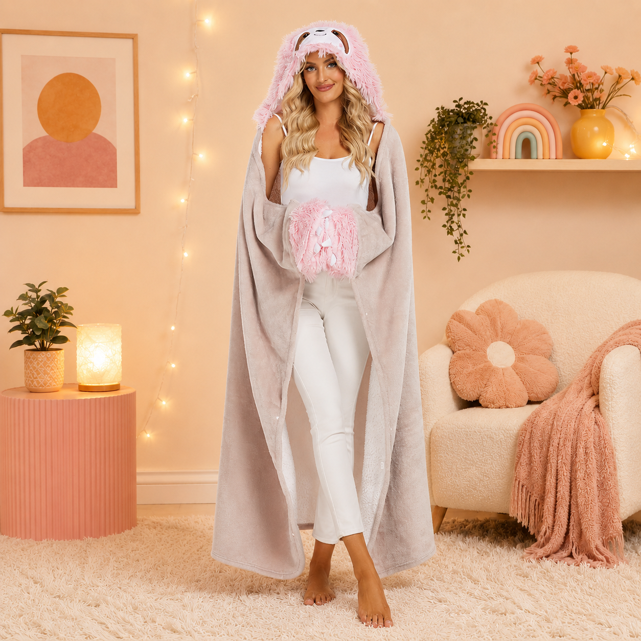 Pink Sloth Plush Hooded Blanket