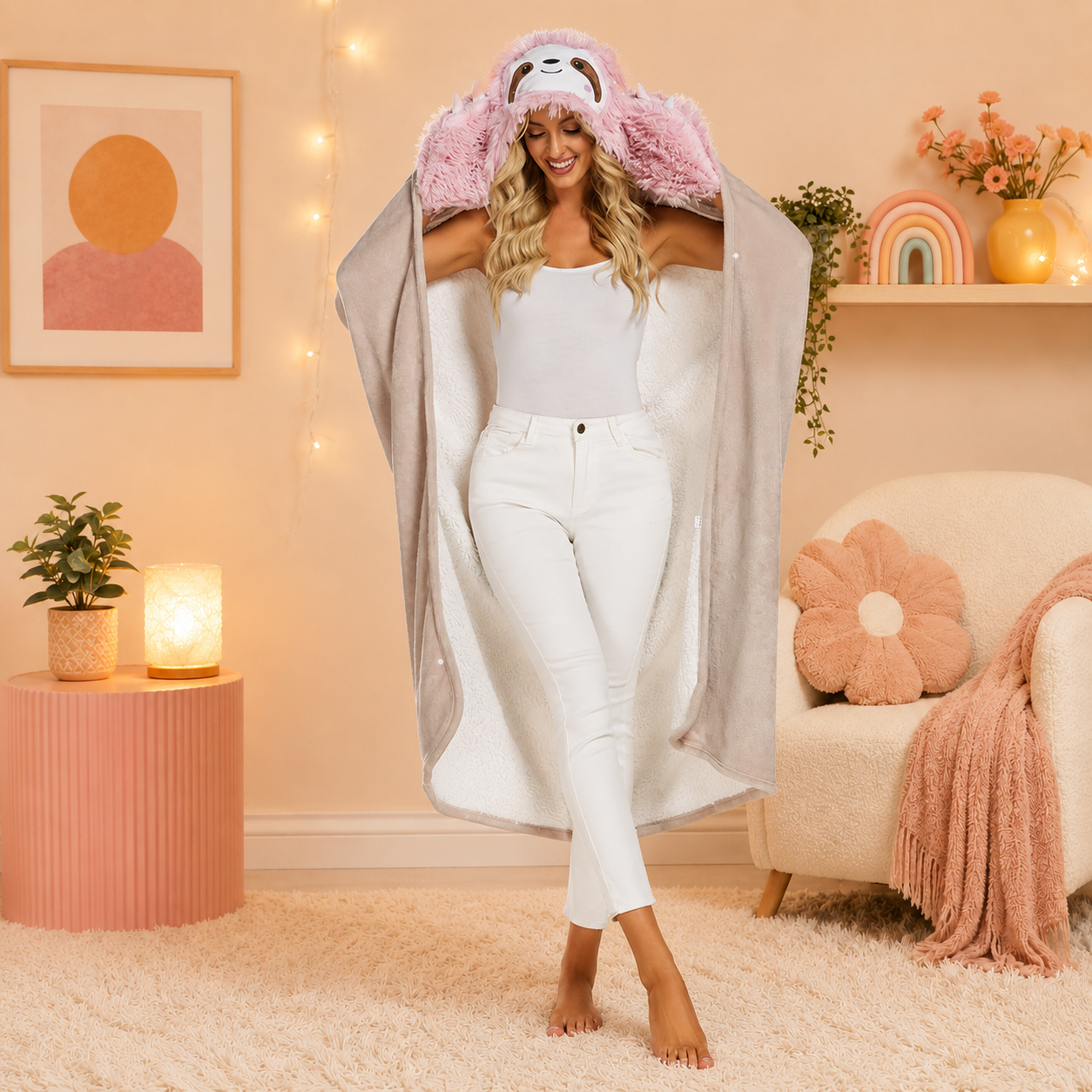 Pink Sloth Plush Hooded Blanket