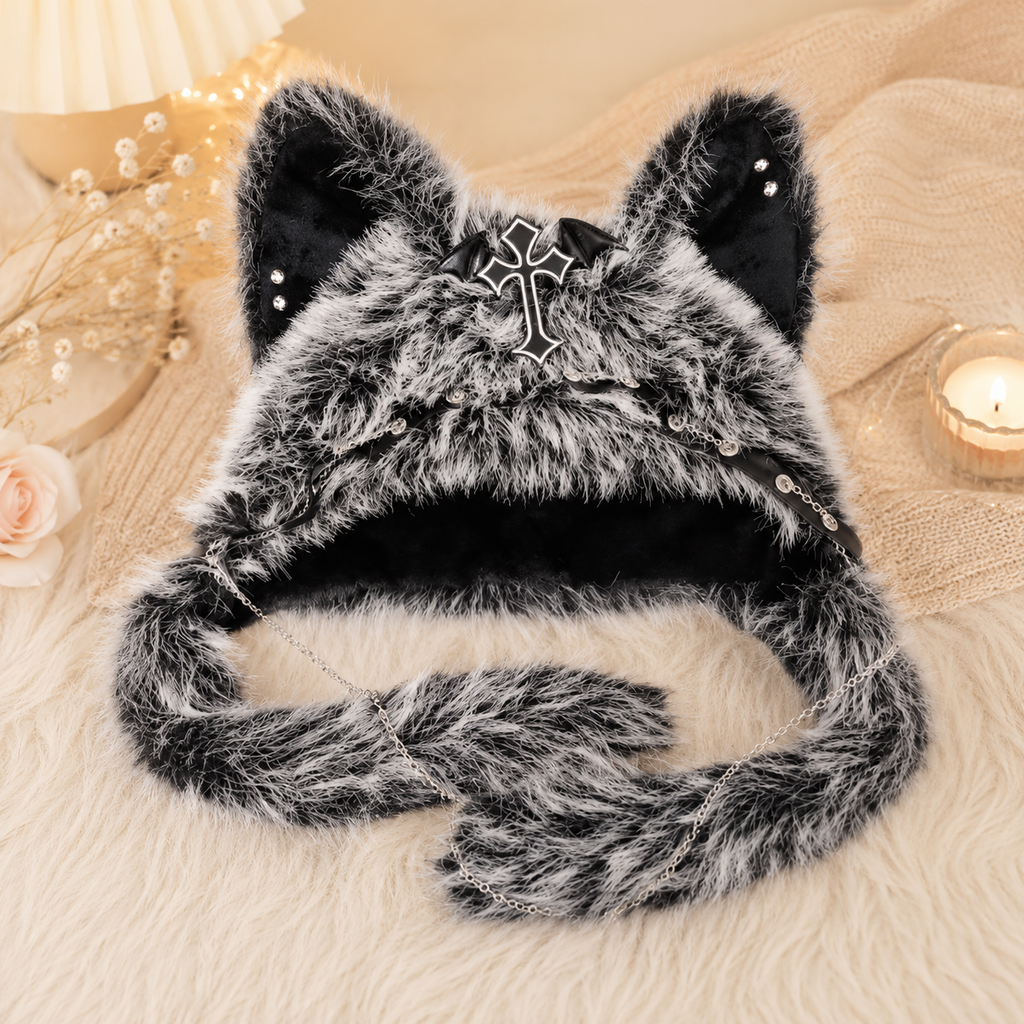 Black & White Fluffy Goth Cat Ears Hat