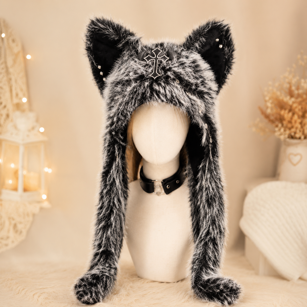 Black & White Fluffy Goth Cat Ears Hat