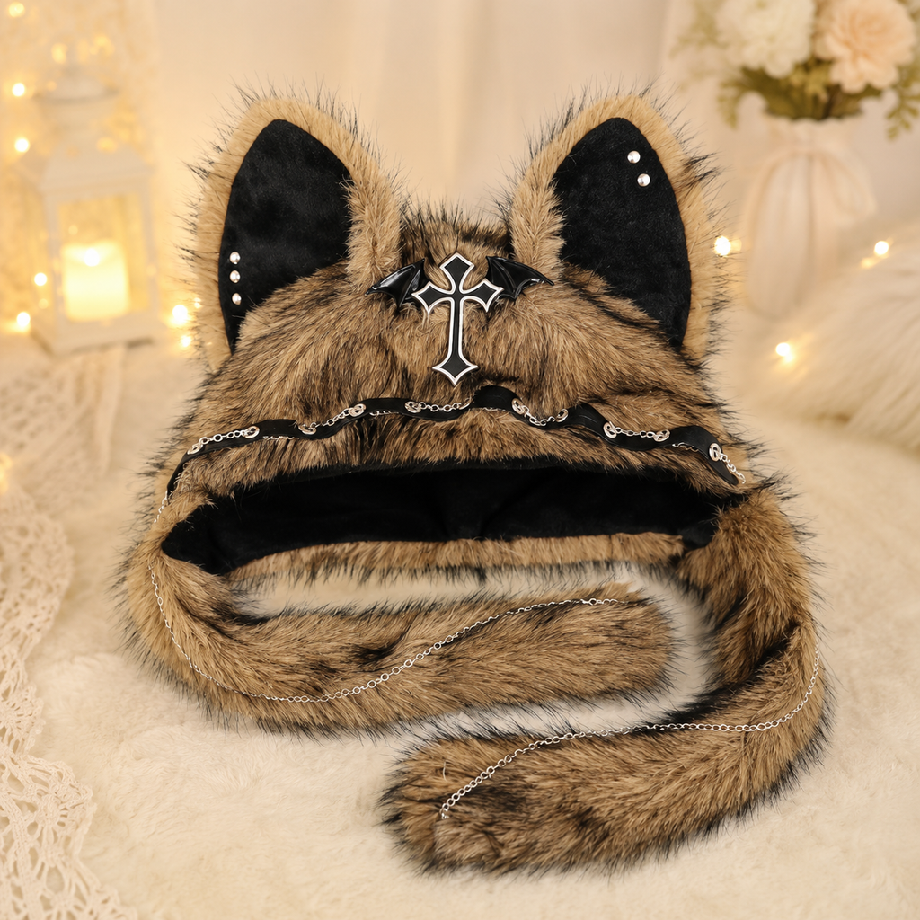 Beige Fluffy Goth Cat Ears Hat