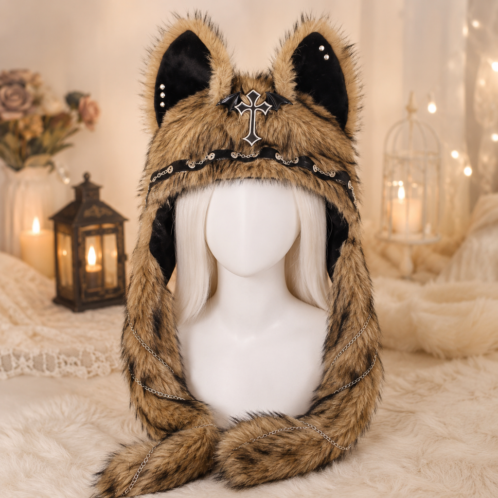 Beige Fluffy Goth Cat Ears Hat
