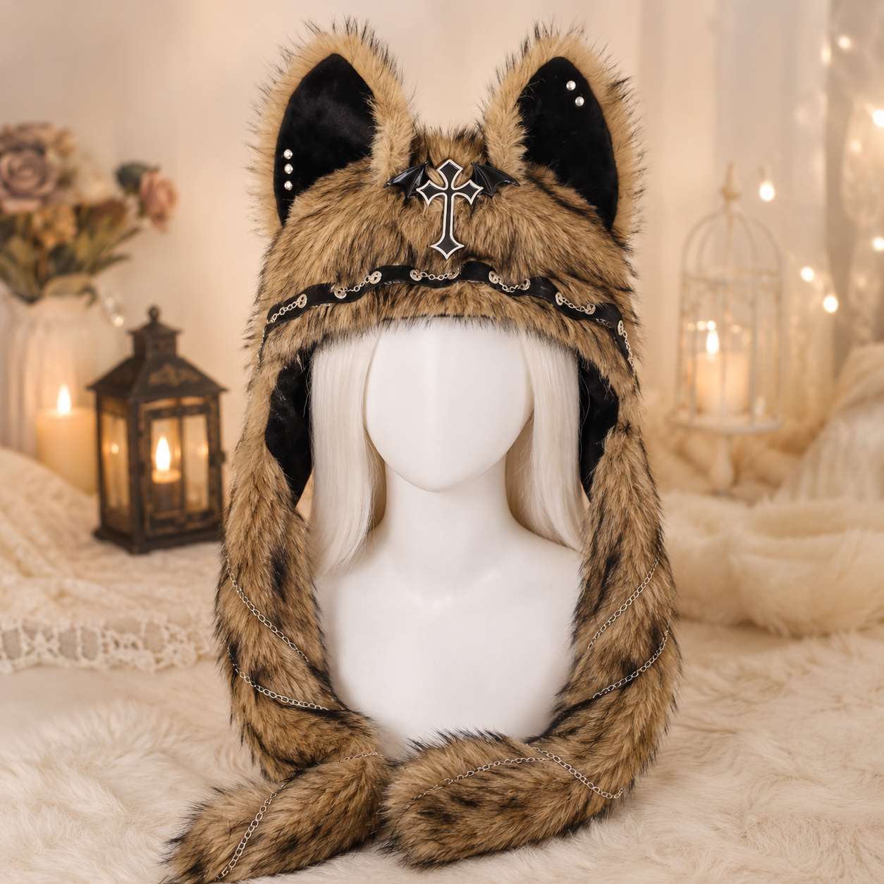 Beige Fluffy Goth Cat Ears Hat