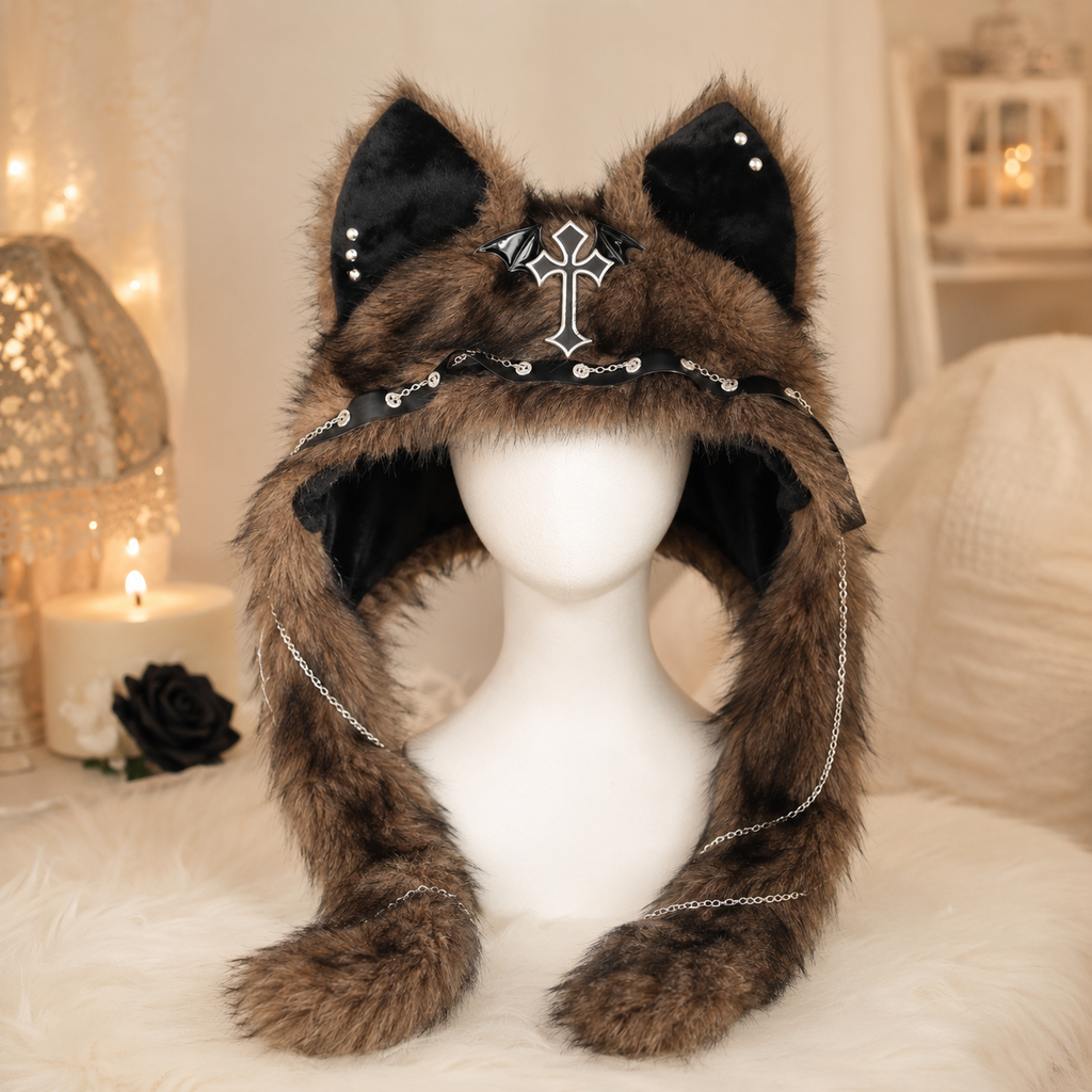 Brown Fluffy Goth Cat Ears Hat