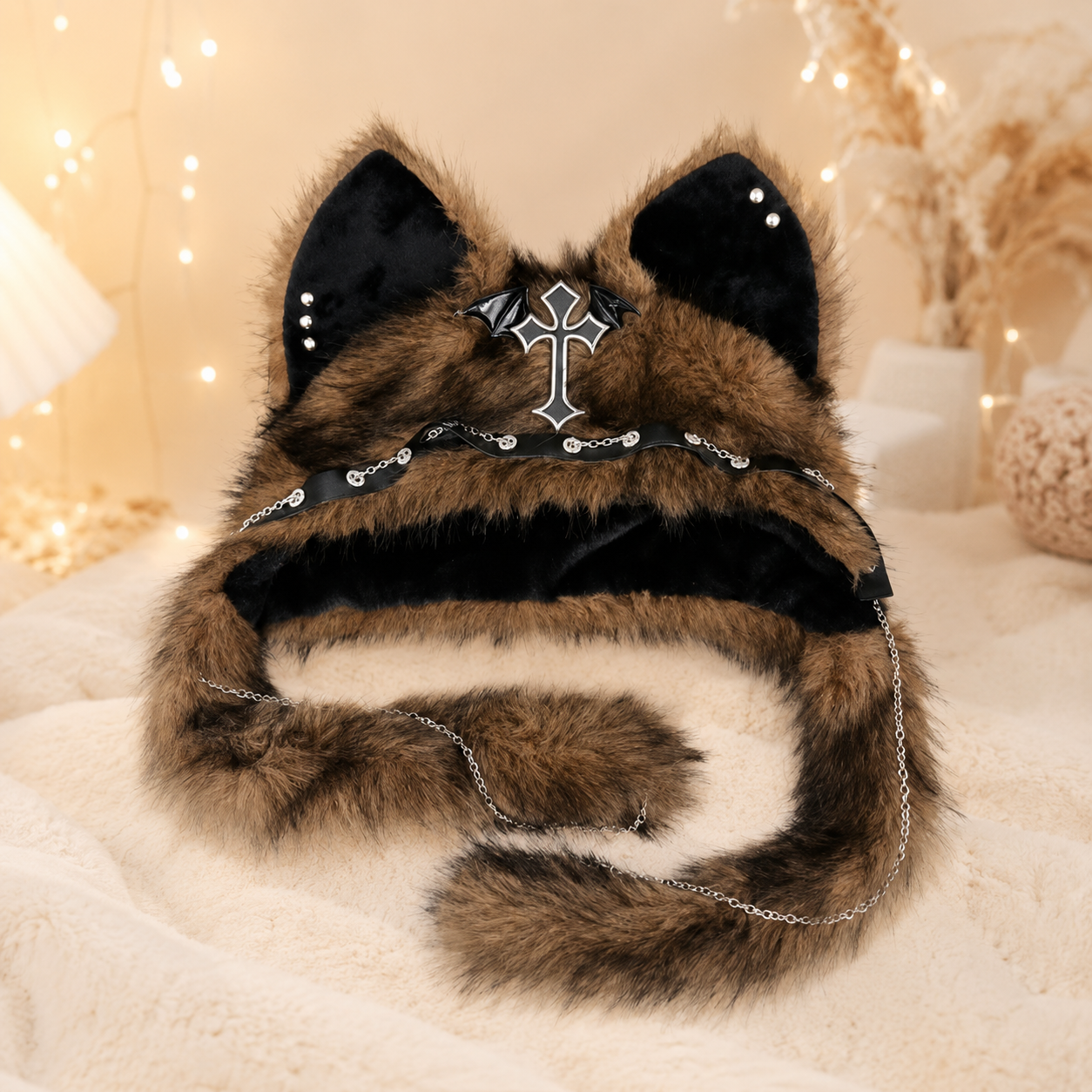 Brown Fluffy Goth Cat Ears Hat