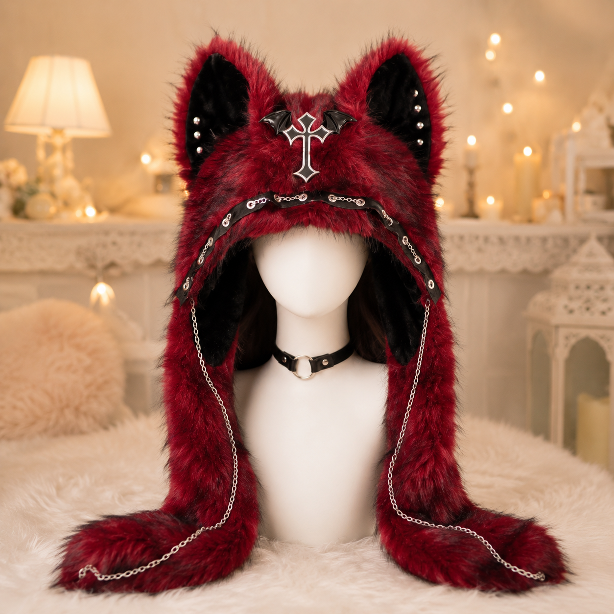 Red Fluffy Goth Cat Ears Hat