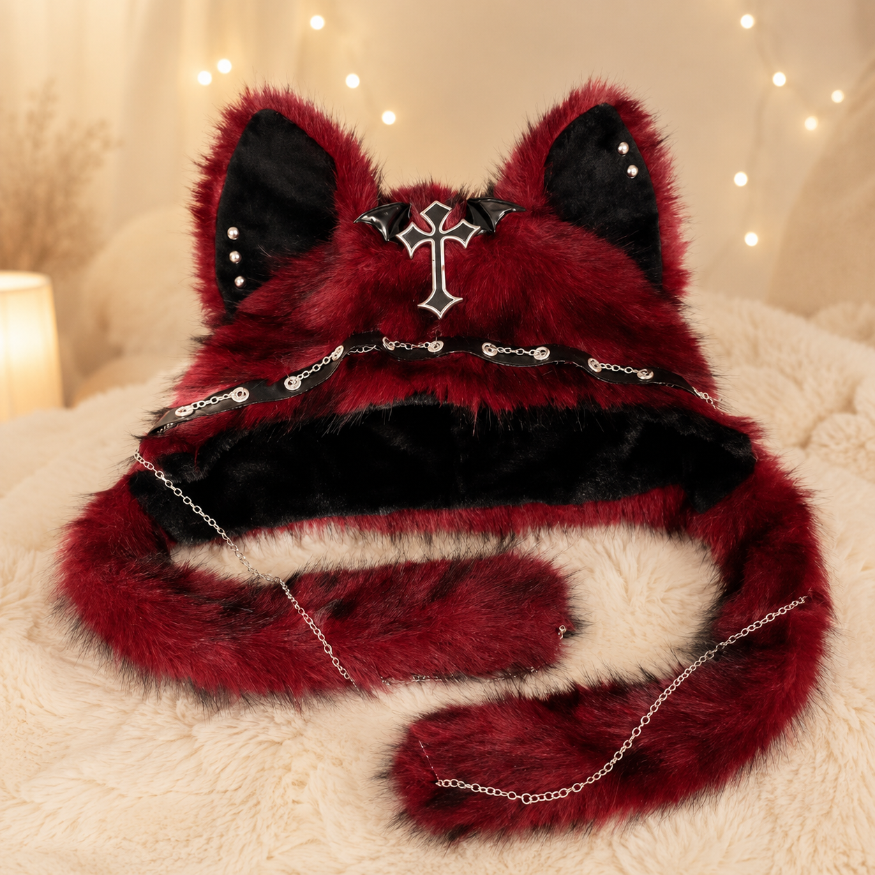 Red Fluffy Goth Cat Ears Hat