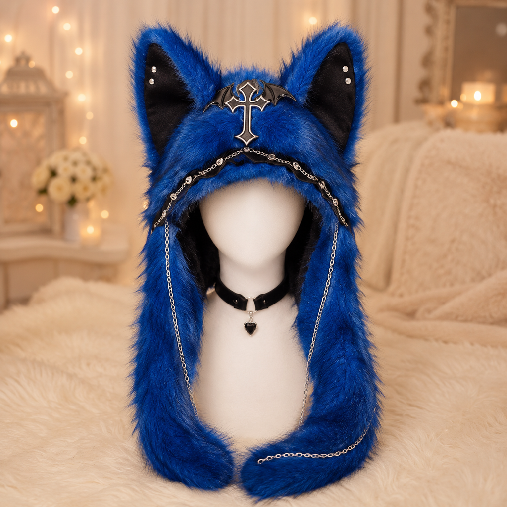 Blue Fluffy Goth Cat Ears Hat