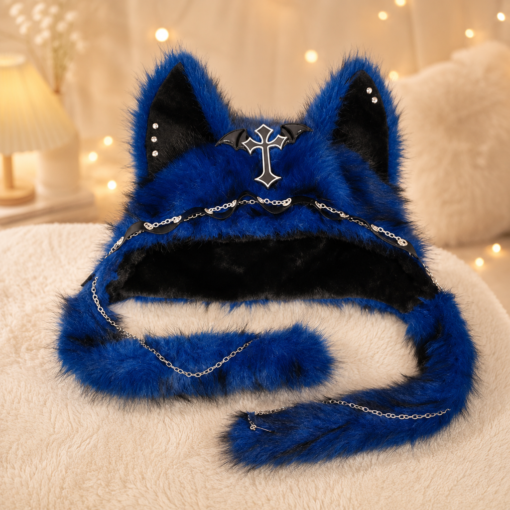 Blue Fluffy Goth Cat Ears Hat