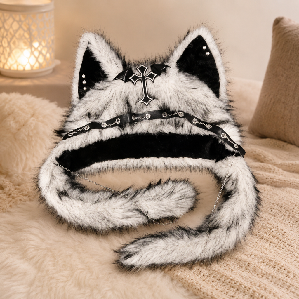 White & Black Fluffy Goth Cat Ears Hat