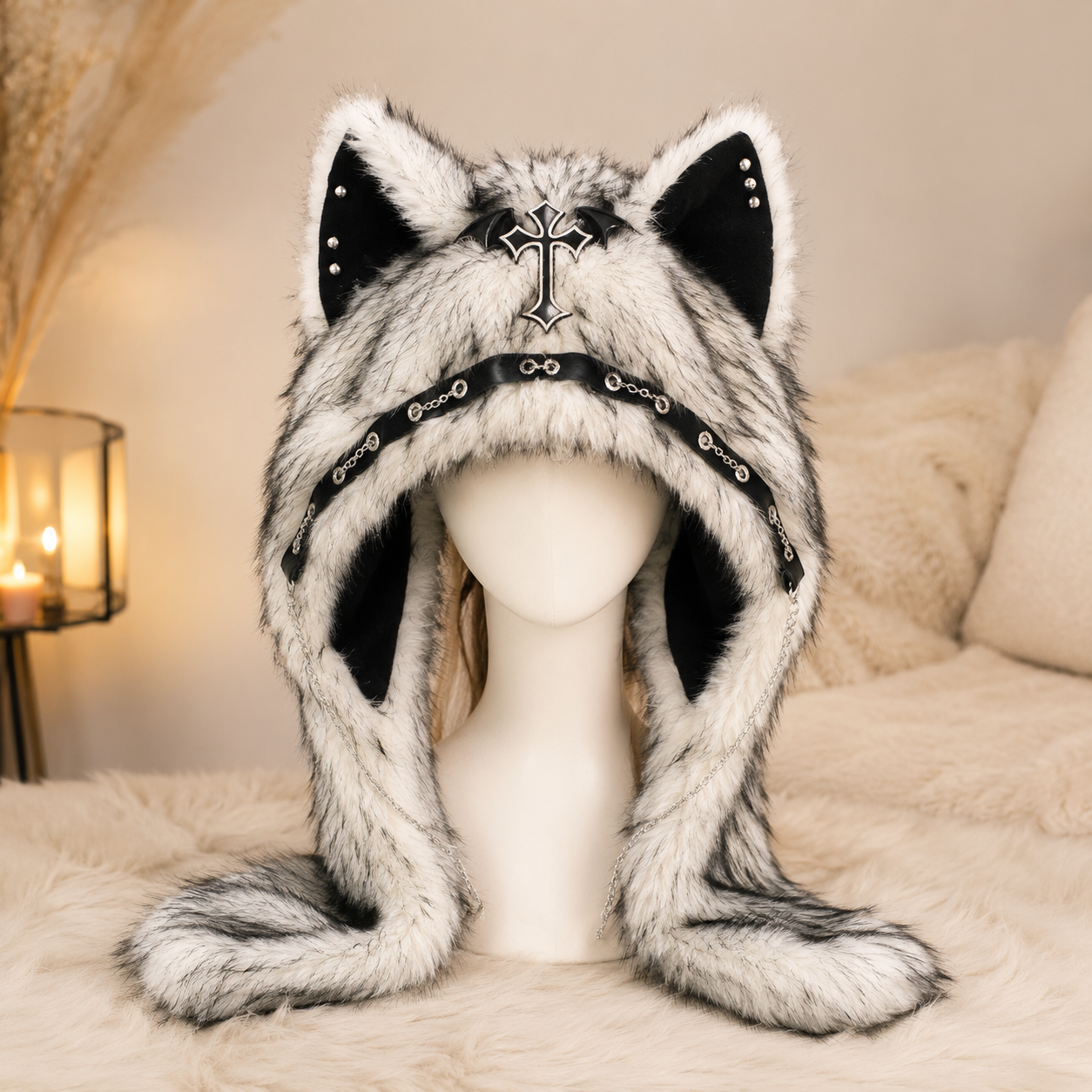 White & Black Fluffy Goth Cat Ears Hat