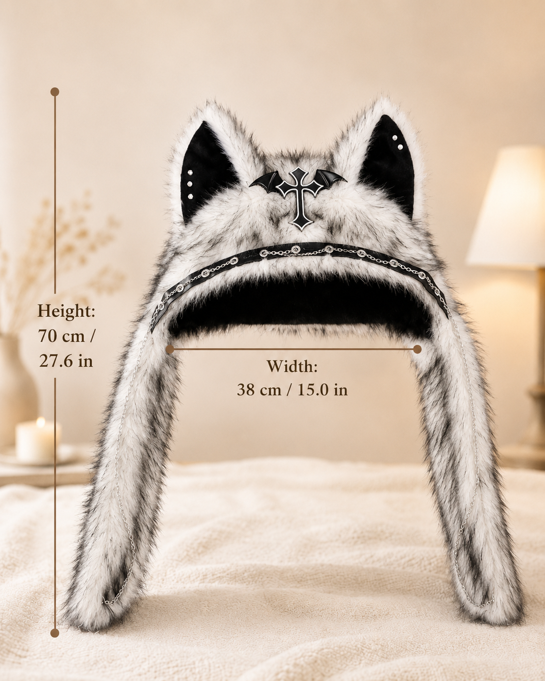 White & Black Fluffy Goth Cat Ears Hat