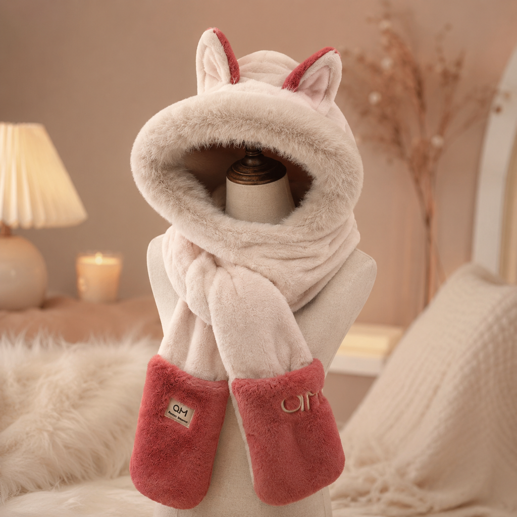 White & Red Fluffy Fox Hat Scarf