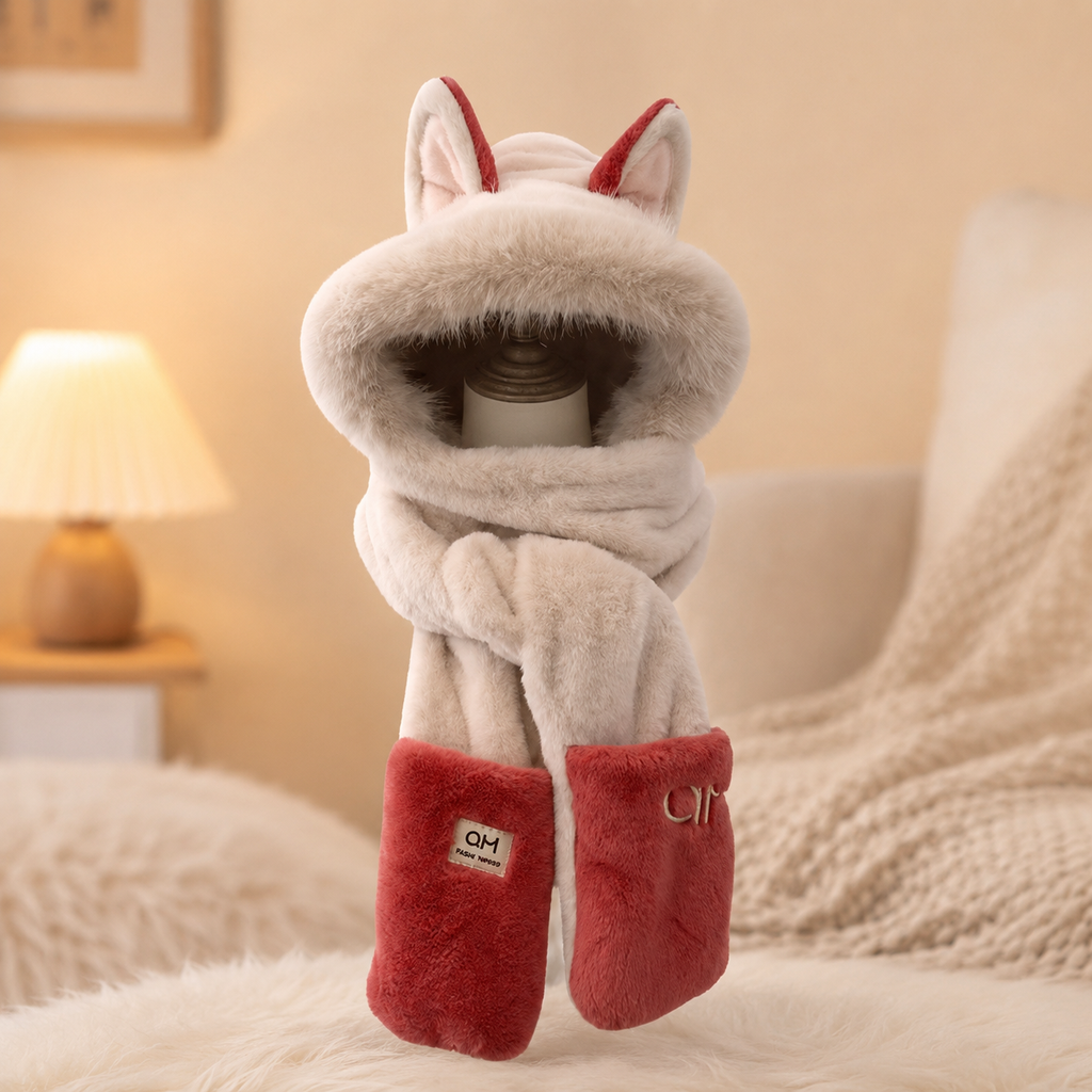 White & Red Fluffy Fox Hat Scarf