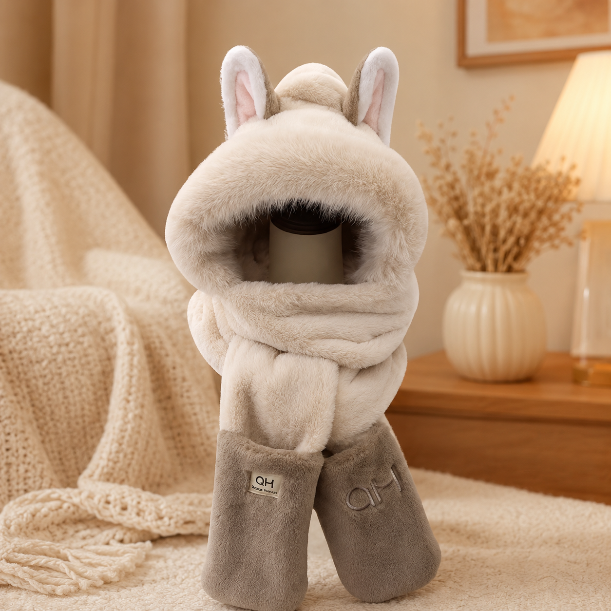 Beige & Brown Fluffy Fox Hat Scarf