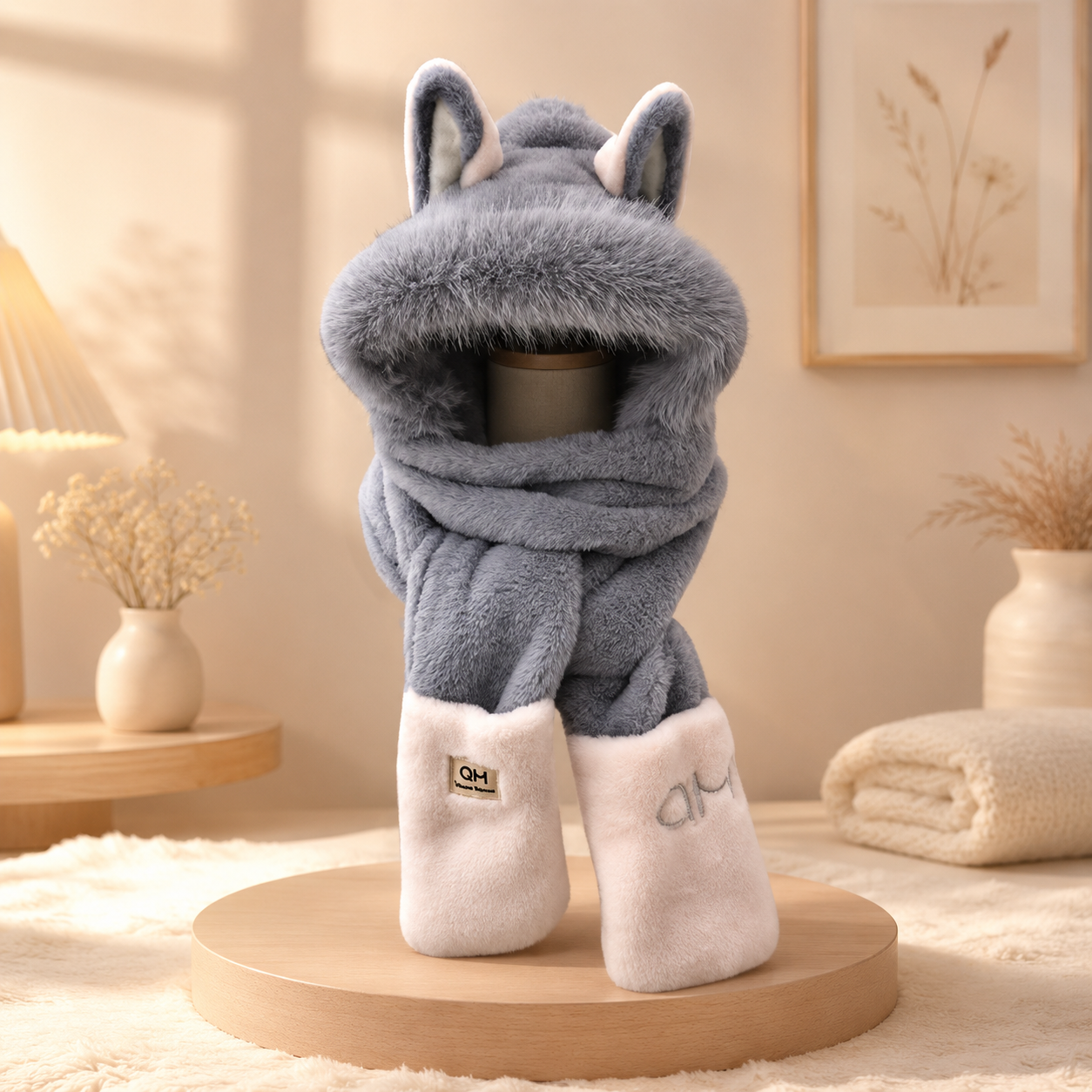 Grey & Pink Fluffy Fox Hat Scarf