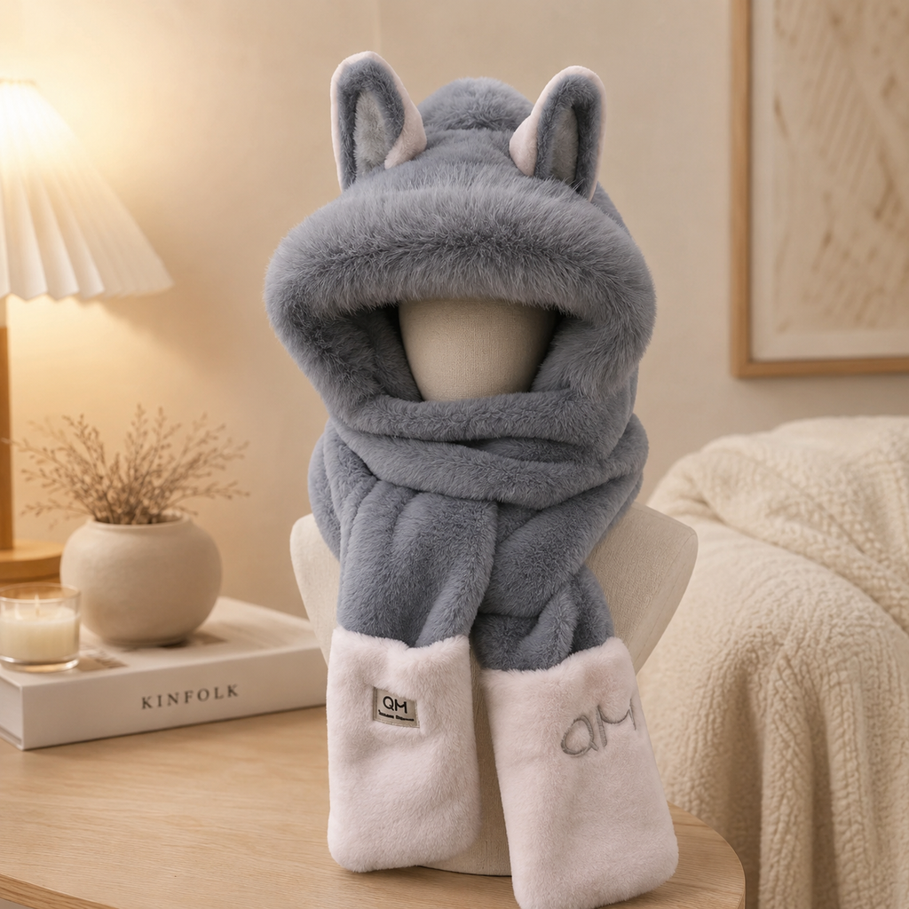 Grey & Pink Fluffy Fox Hat Scarf
