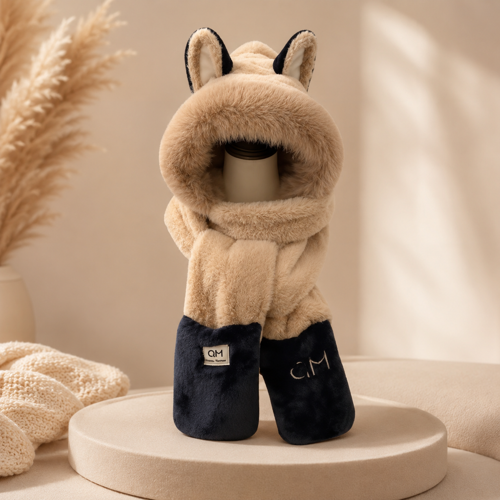 Beige & Black Fluffy Fox Hat Scarf