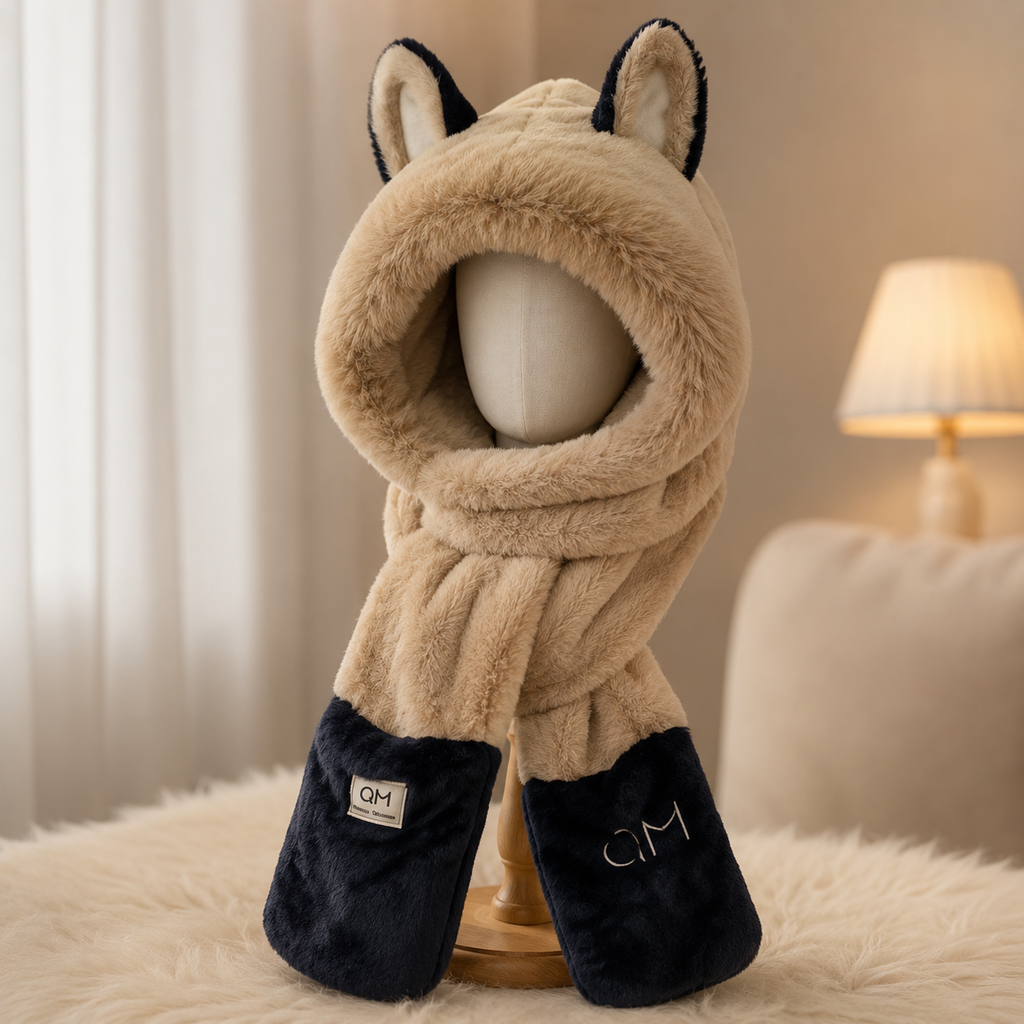 Beige & Black Fluffy Fox Hat Scarf