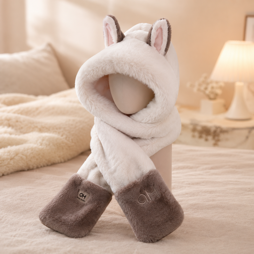 White & Brown Fluffy Fox Hat Scarf