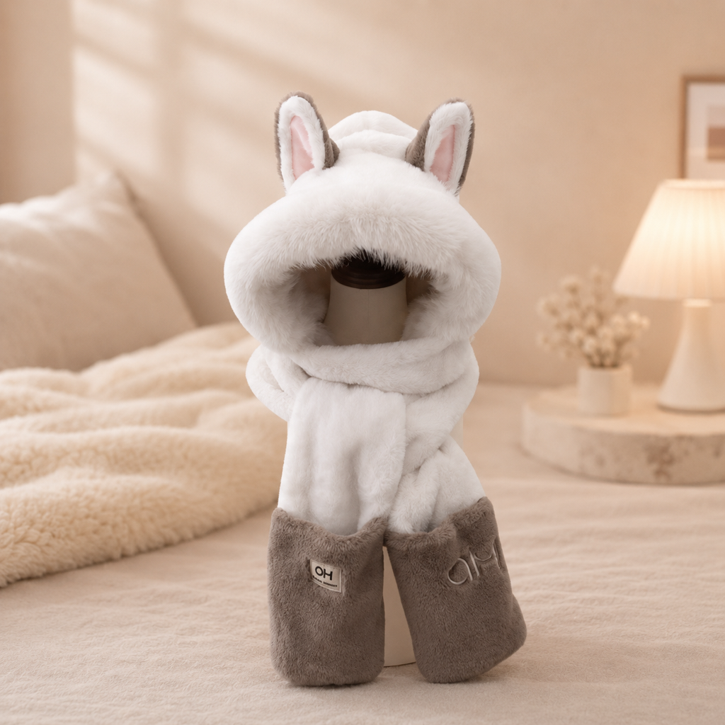 White & Brown Fluffy Fox Hat Scarf