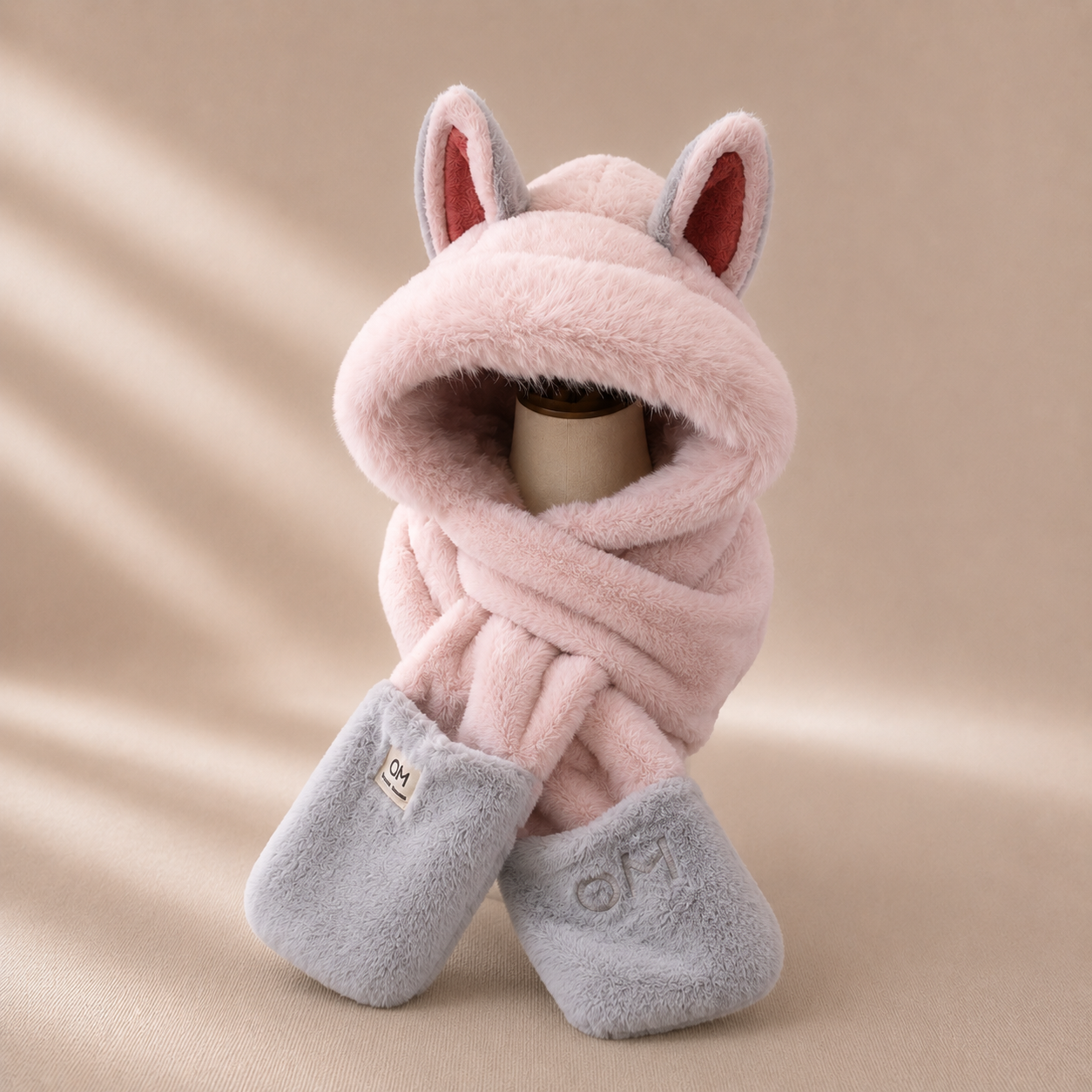 Pink & Grey Fluffy Fox Hat Scarf