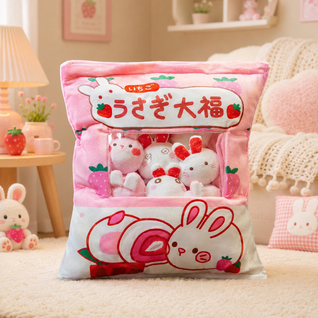 Strawberry Bunny Mochi Stuffed Bag Plush