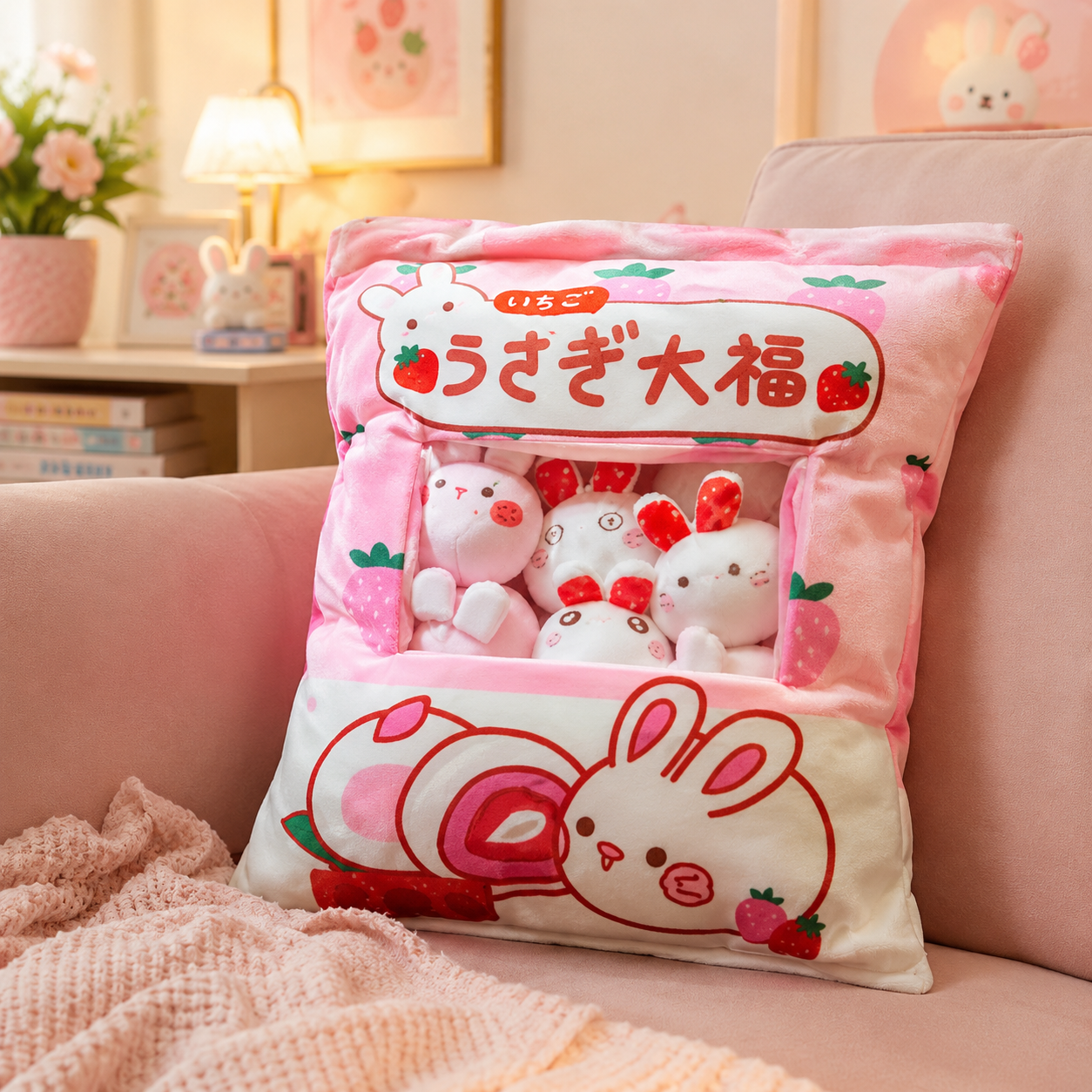 Strawberry Bunny Mochi Stuffed Bag Plush